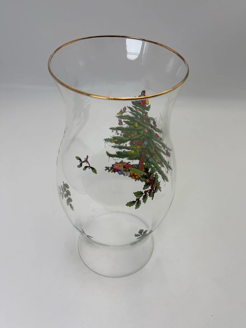 Large Spode Christmas Tree Glass Hurricane with Gold Rim
